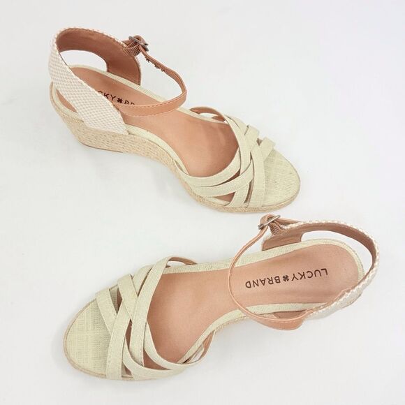 Lucky Brand KALLEY Neutral Tan Crisscross Strap Open Toe Espadrille Wedge Sandal - Picture 4 of 15